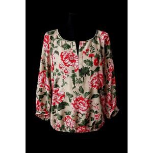 LOFT Floral Blouse Women’s Medium Beige Red Split Neck Blouson Hem